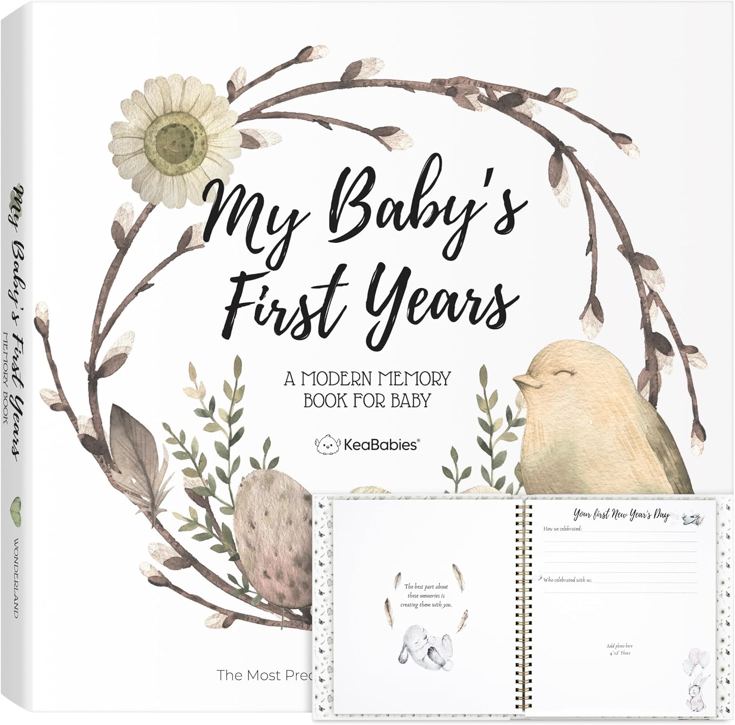 First 5 Years Baby Memory Book Girl, Boy - 90 Pages Hardcover First Year Milestone Keepsake Book, Newborn Scrapbook for New Parents, Minimalist Photo Album Journal, Gift for Baby Shower (WonderLand)